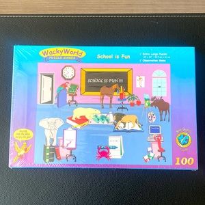 NEW - Kids 100 pc puzzle and game - Wacky World School Theme